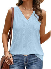 Light blue eyelet V-neck sleeveless tank top with a diamond pattern.