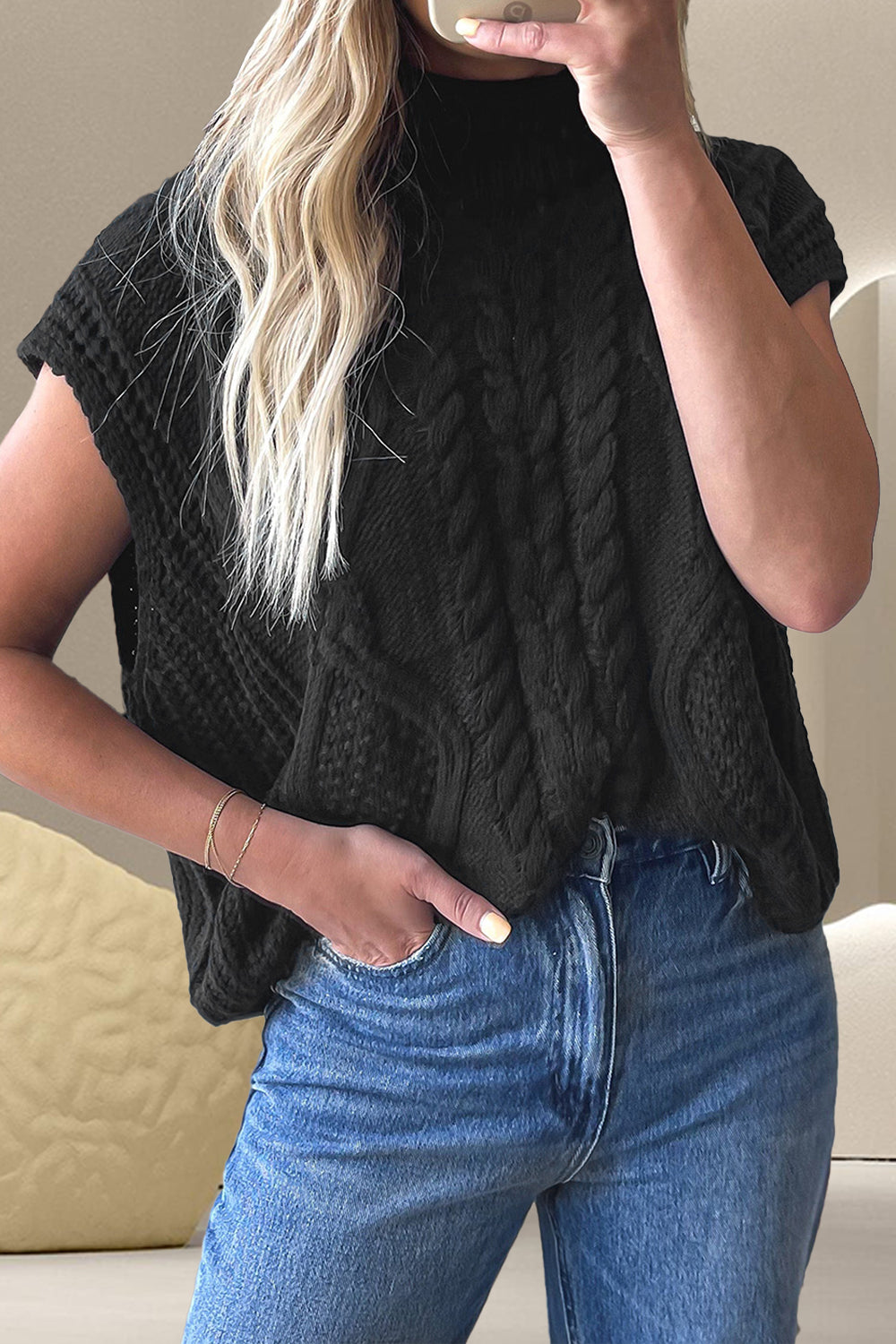 Black cable knit sleeveless mock neck sweater top