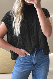 Black cable knit sleeveless mock neck sweater top