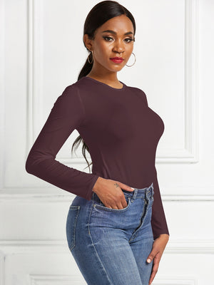 Sculpted ribbed jersey bodysuit in burgundy with long sleeves and crew neck.