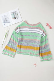 Open-shoulder striped knit pullover in Gum Leaf with bell sleeves and crochet neckline detail.