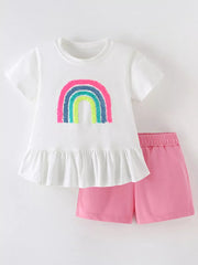 Girls' white rainbow sequin top with ruffled hem and pink shorts set