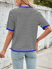 Nautical striped knit tee with blue trim and short sleeves.