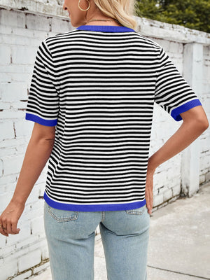 Nautical striped knit tee with blue trim and short sleeves.