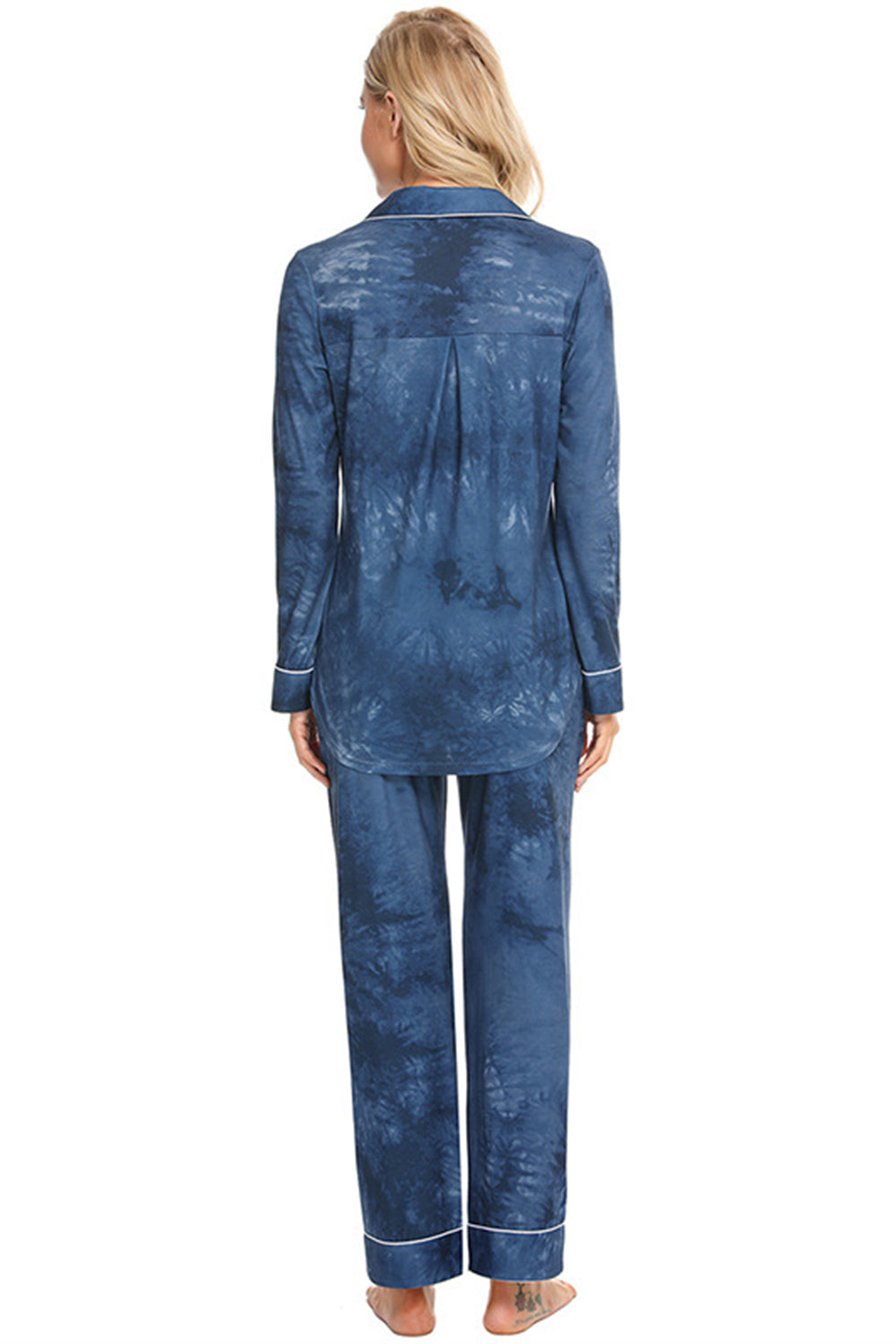 Piped trim pajama set in multicolor tie-dye with long sleeves and pants.