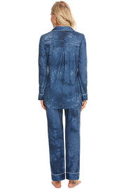 Piped trim pajama set in multicolor tie-dye with long sleeves and pants.