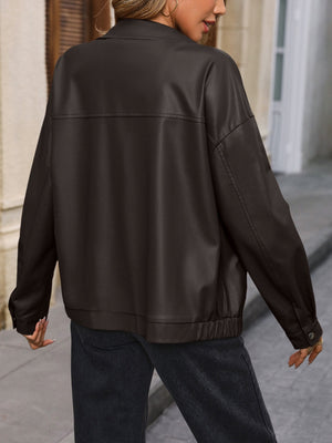 Brown faux leather bomber jacket with elasticated hem and cuffs.