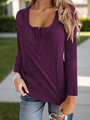 Plum ribbed henley scoop neck top with button detail