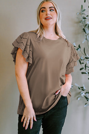 Eyelet flutter sleeve tee in mocha with ruffled details and a crew neck.