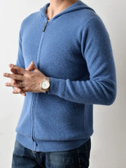 Men's Peacock Blue Cashmere Zip-Up Hoodie with full zip closure and ribbed texture.