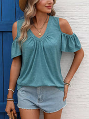 Blue-green ruched cold shoulder t-shirt with V-neck and short flutter sleeves.