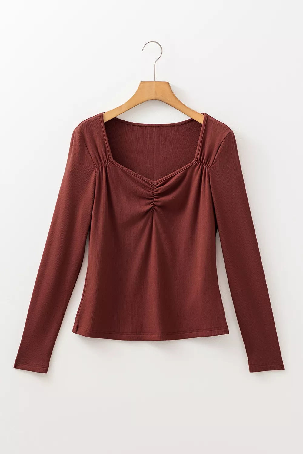 Gathered Bust Square Neck Ribbed Long Sleeve Top, back view