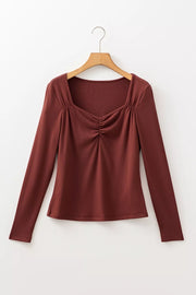 Gathered Bust Square Neck Ribbed Long Sleeve Top, back view