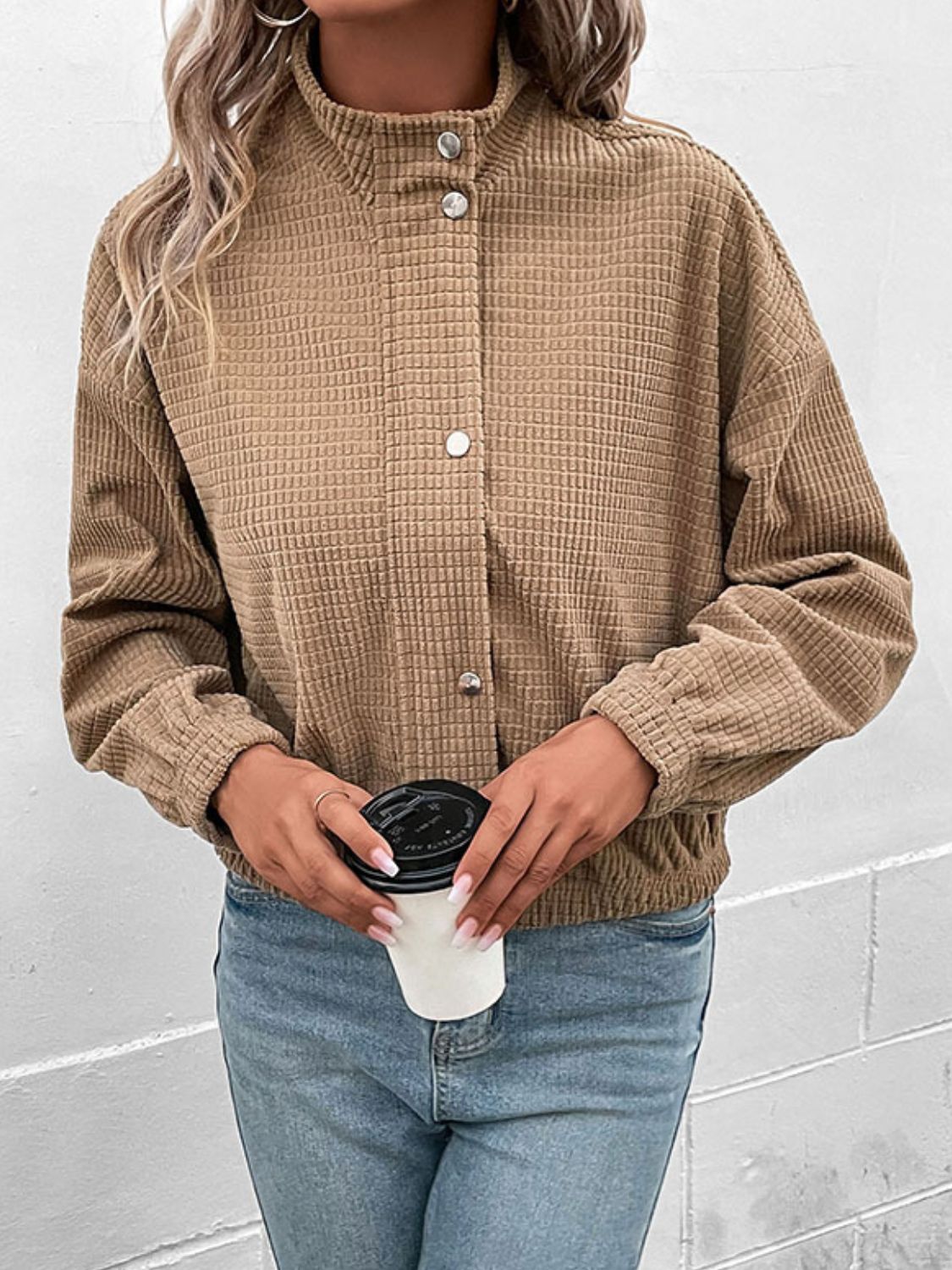 Khaki waffle knit bomber jacket with collar and button closure