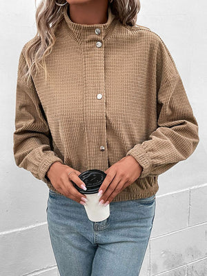 Khaki waffle knit bomber jacket with collar and button closure