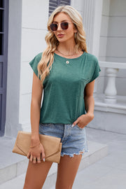 Dark Green relaxed cap sleeve t-shirt with a chest pocket and crew neck.