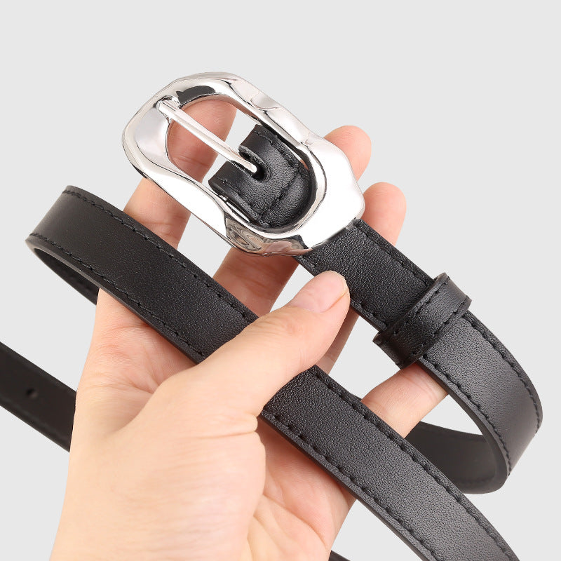 Black cowhide leather belt with a polished silver buckle.