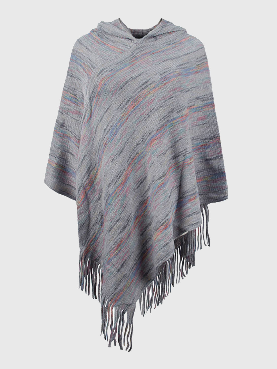 Hooded mélange cape in charcoal with colorful thread accents and fringe hem.
