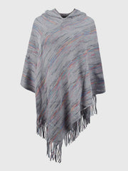 Hooded mélange cape in charcoal with colorful thread accents and fringe hem.
