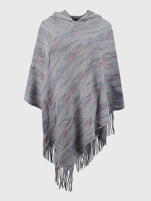 Hooded mélange cape in charcoal with colorful thread accents and fringe hem.