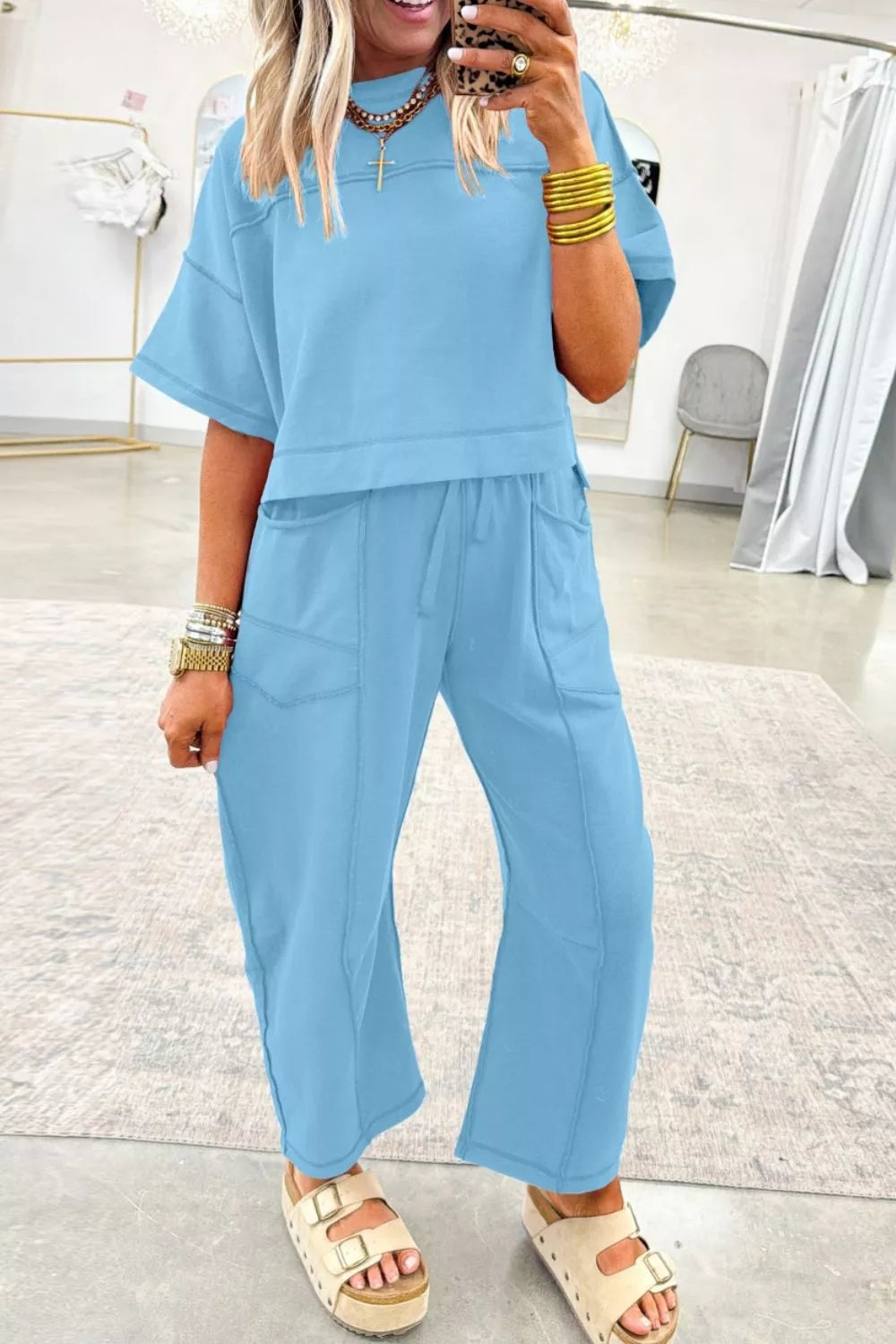 Light blue cotton boxy tee and relaxed barrel pants set with crew neck and drawstring waist.