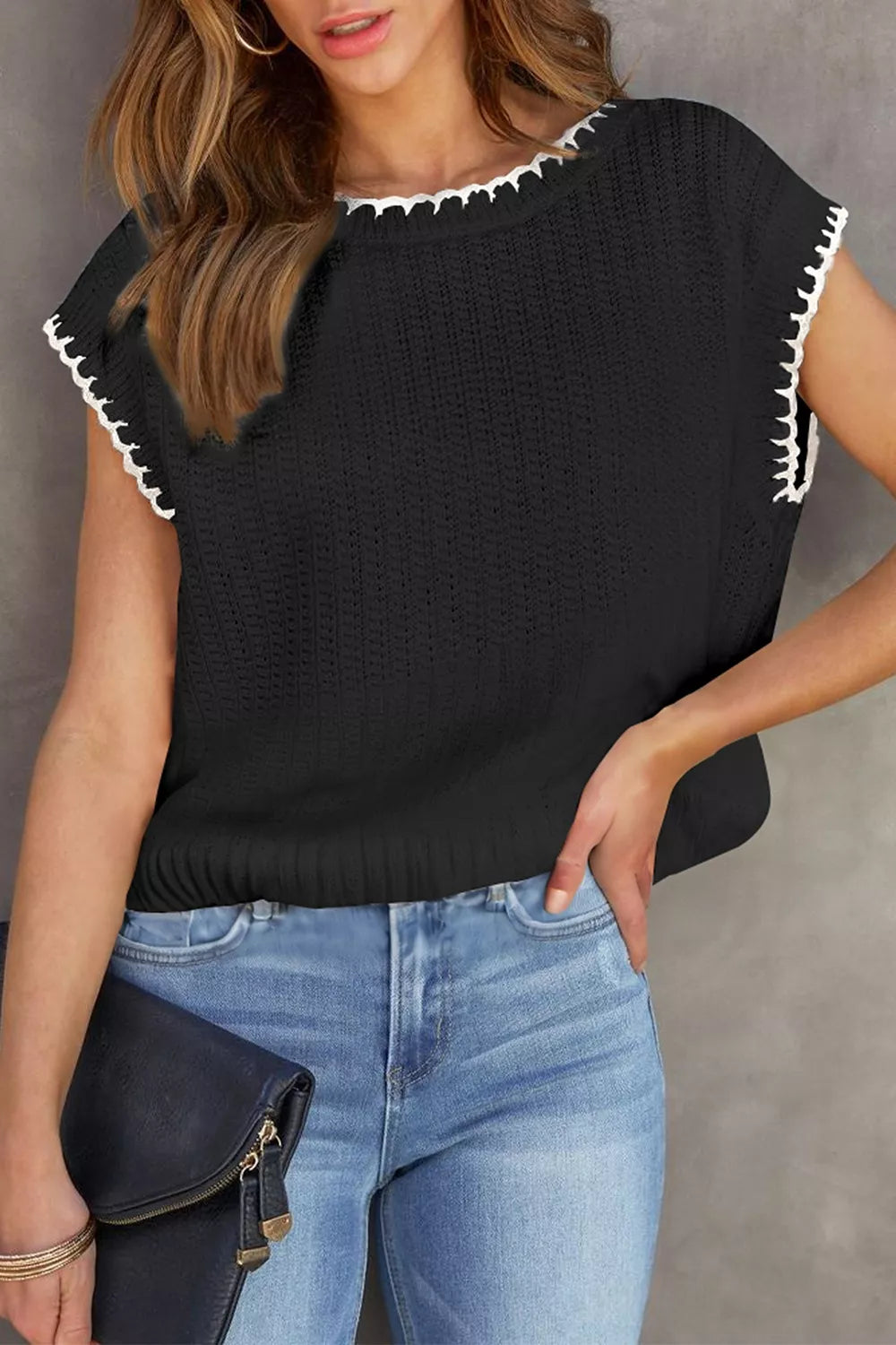 Textured Knit Sleeveless Sweater Vest in Dark Green, view 11