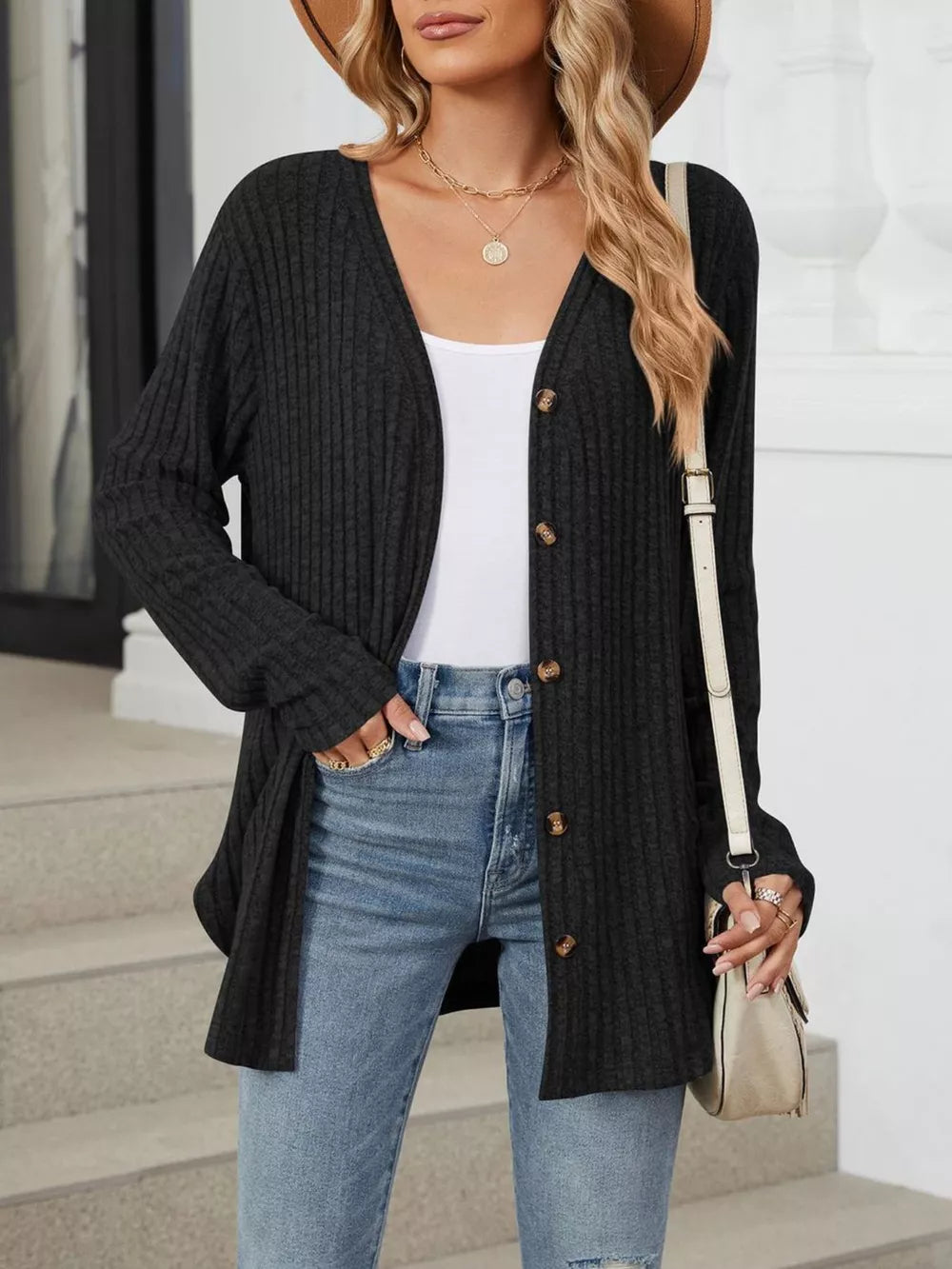 Ribbed Button-up Cardigan in Apricot