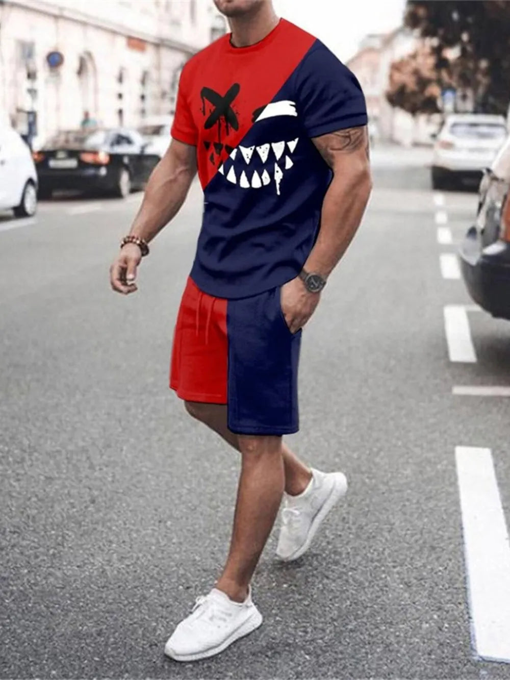 Men's colorblock tee and shorts set with graphic print.