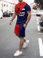 Men's colorblock tee and shorts set with graphic print.