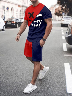 Men's colorblock tee and shorts set with graphic print.