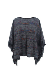 Charcoal knit poncho with multicolor stripes and fringe detail.