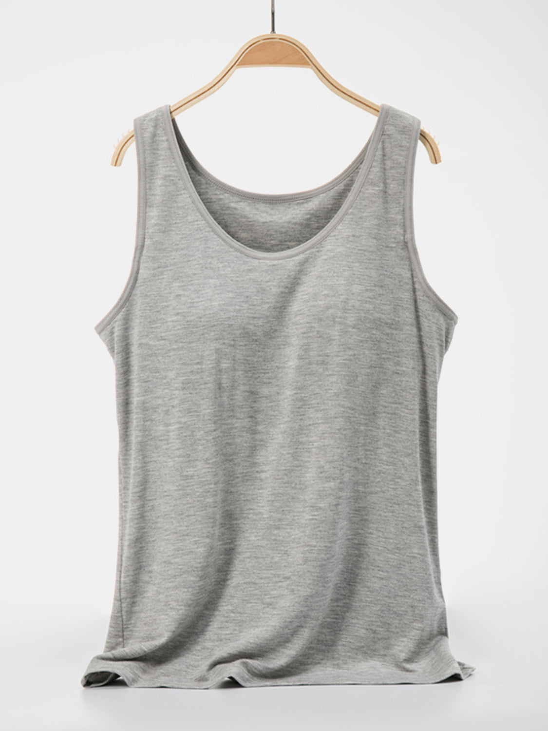 Gray scoop neck tank top with a soft, casual fit