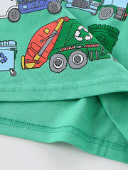 Toddler green cotton t-shirt with a fun truck print featuring a recycling truck and garbage truck.