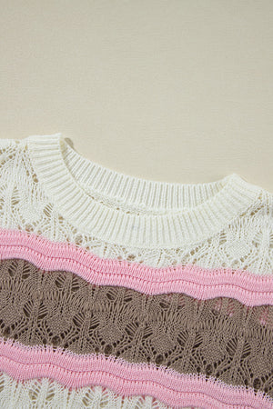 Striped openwork knit top with crew neck and wavy pink and taupe stripes.