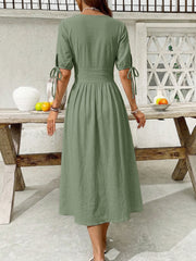 Sage button-down midi dress with tie sleeve details and a-line skirt