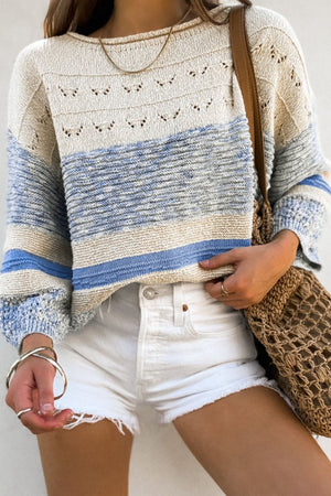 Light blue striped knit sweater with eyelet yoke detail and boat neck.