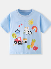 Light blue cotton toddler t-shirt with cheerful farm cartoon print and "Ready to Grow" text.