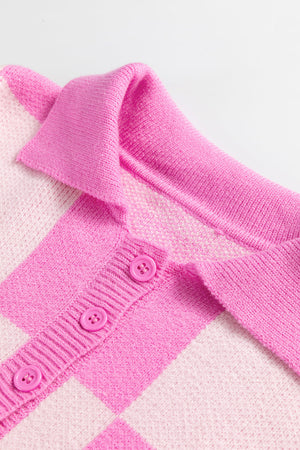 Checkered polo neck knit sweater in fuchsia pink with button front detail.
