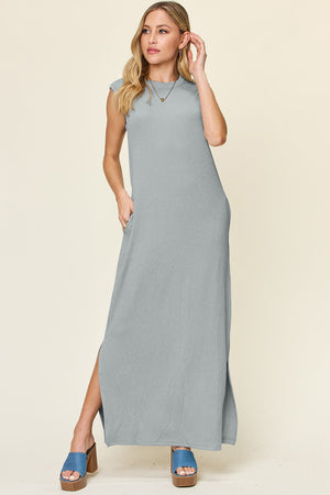Textured ribbed maxi dress in cloudy blue with cap sleeves and side slits.