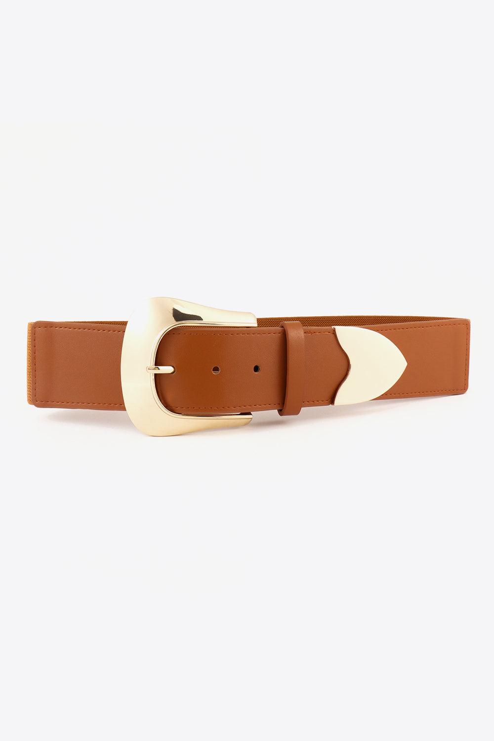 Caramel leather belt with sculpted gold buckle and pointed gold detail