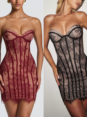 Lace overlay strapless mini dress in burgundy and black with bodycon fit.