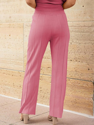 Seamed knit wide-leg pants in Dusty Pink with vertical seam details.