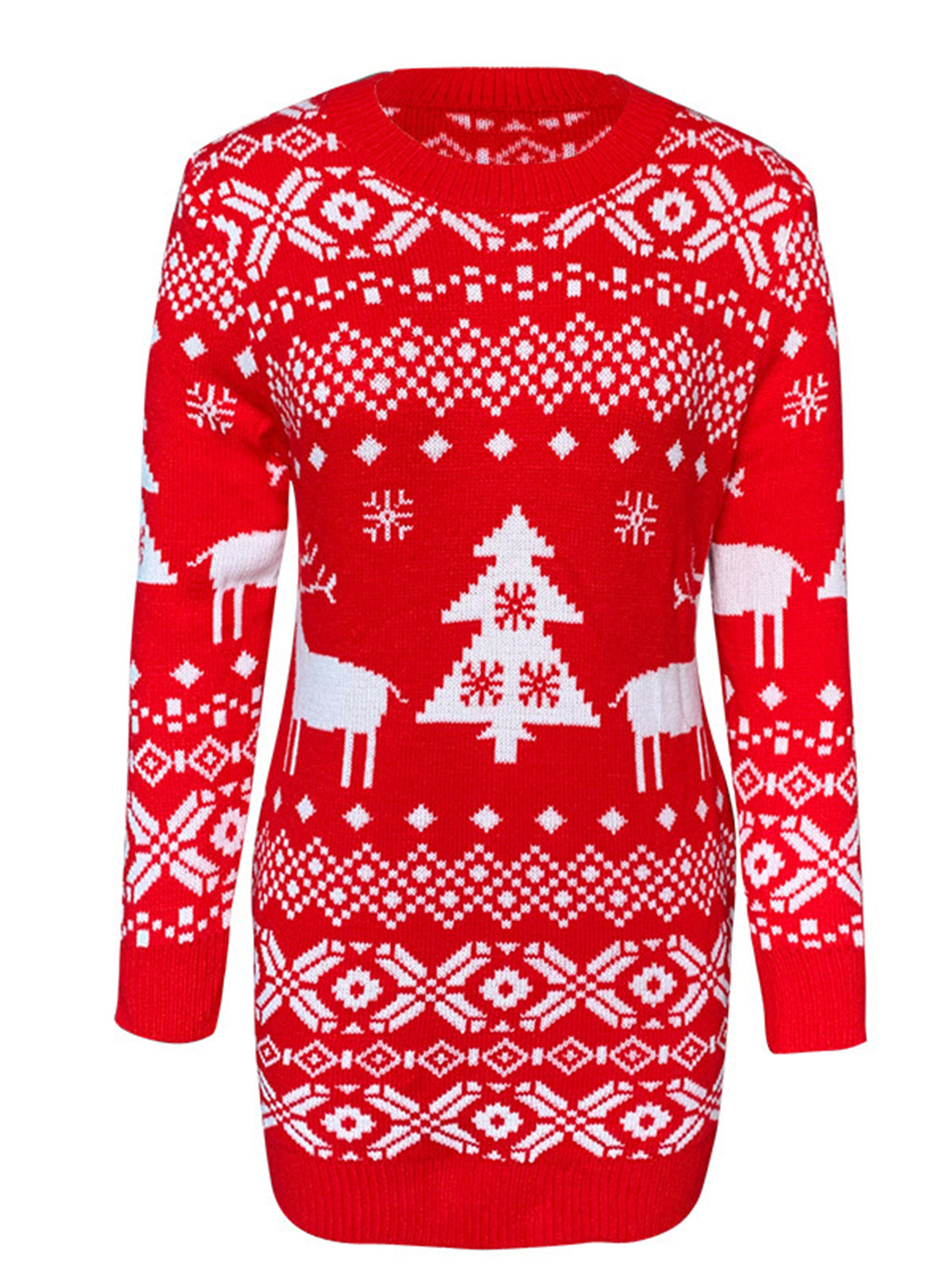 Red knit mini dress with Fair Isle pattern, Christmas trees and reindeer.