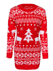 Red knit mini dress with Fair Isle pattern, Christmas trees and reindeer.