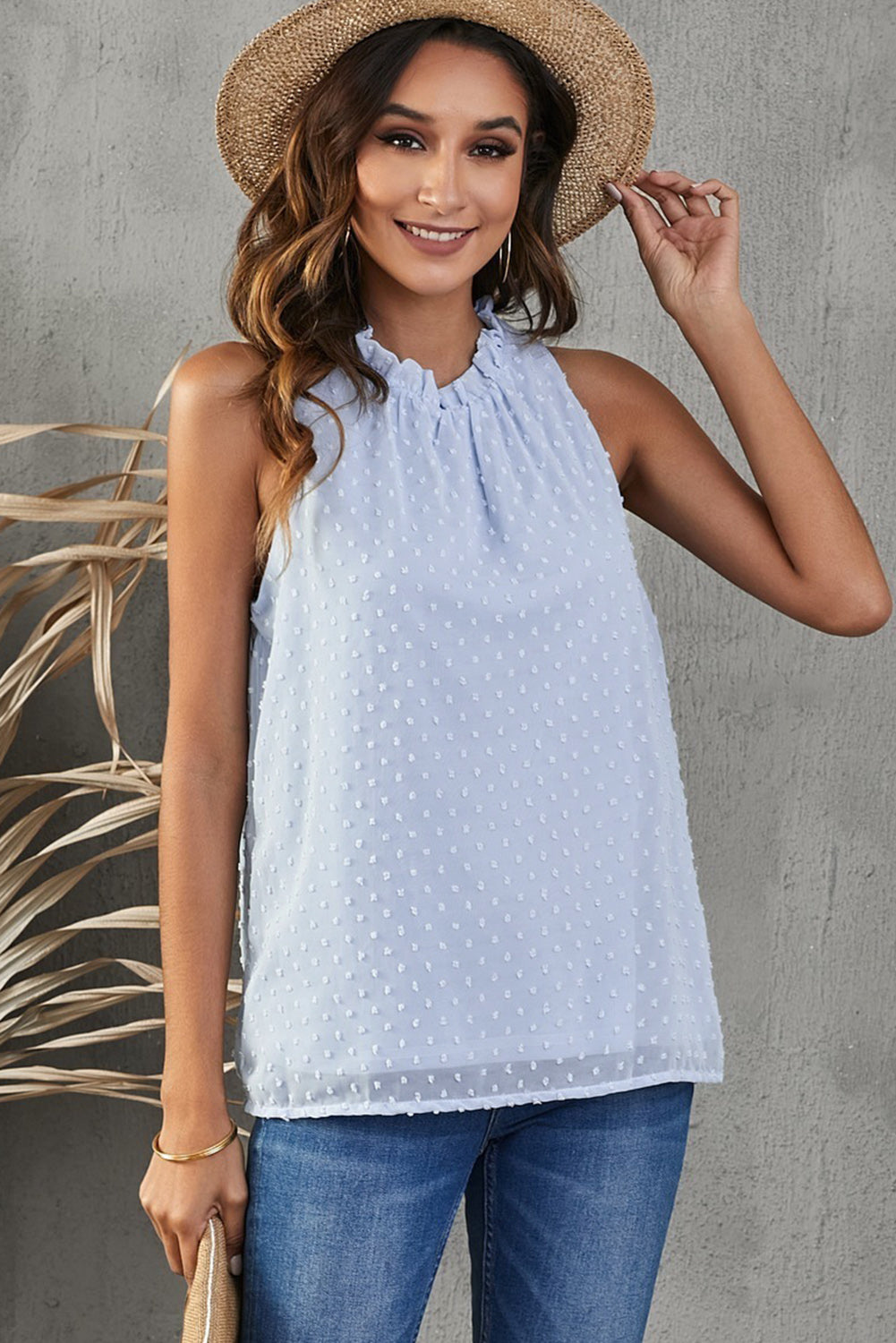 Light blue textured halter neck tank top with ruffle detail