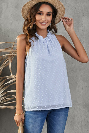Light blue textured halter neck tank top with ruffle detail