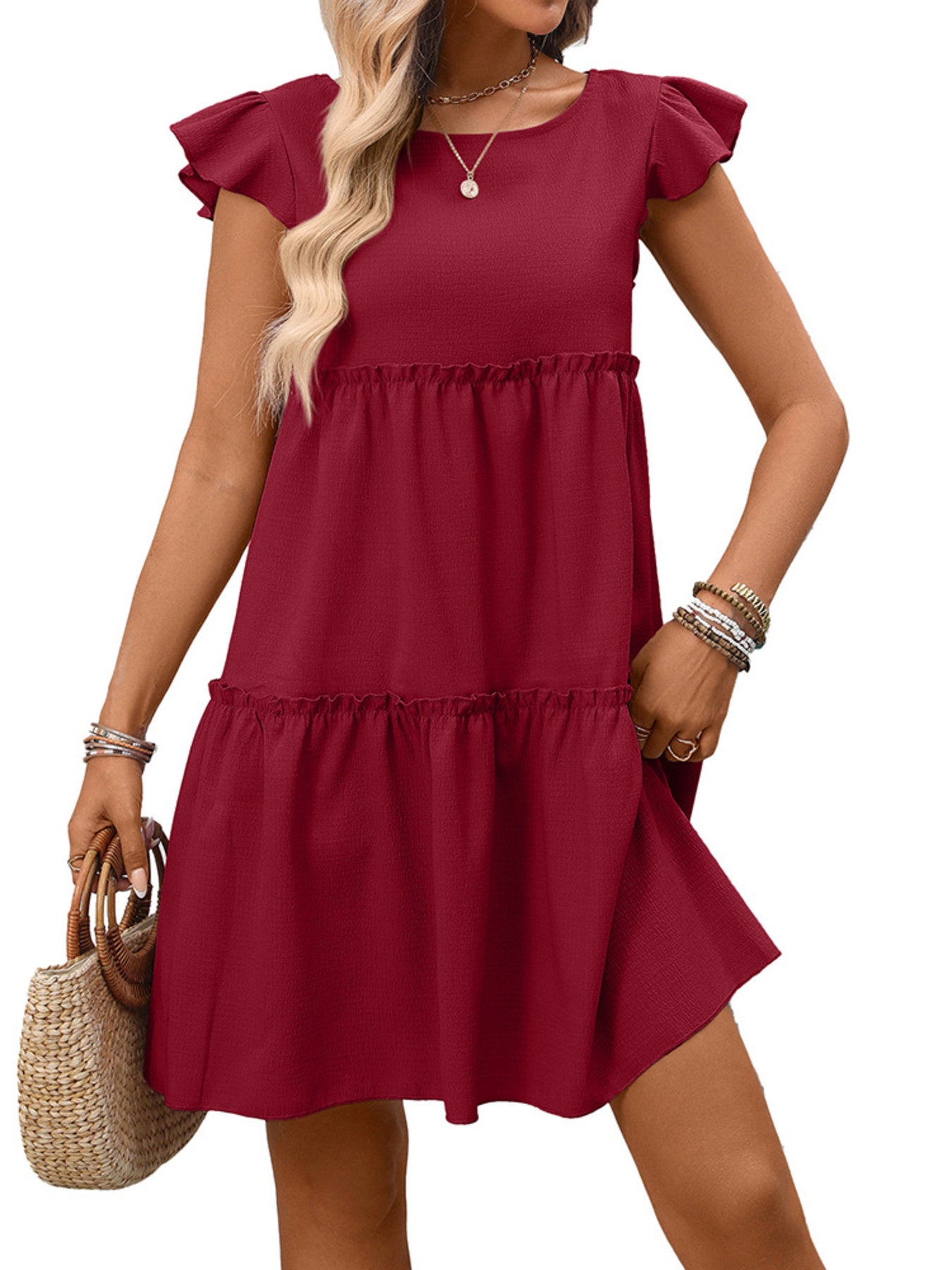 Wine Red ruffled cap sleeve mini dress with tiered skirt.