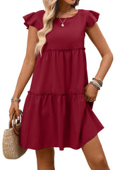 Wine Red ruffled cap sleeve mini dress with tiered skirt.