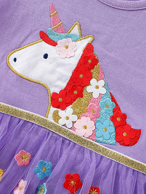Purple baby dress with embroidered unicorn and floral tulle skirt