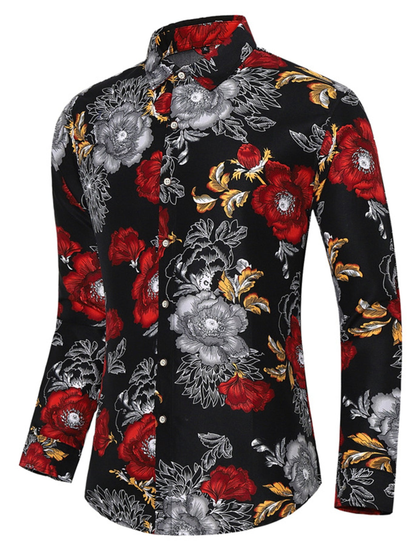 Men's black floral print button-down shirt with red and grey flowers.
